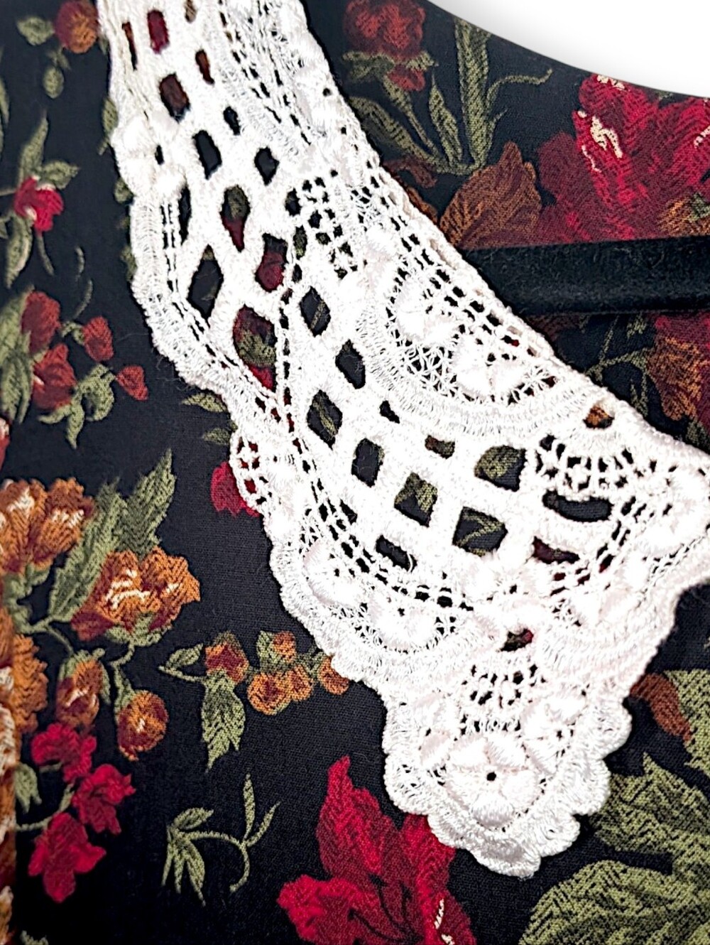 Vintage 80's crocheted peter pan bib fairy cottage  grunge floral midi dress S - Picture 6 of 9